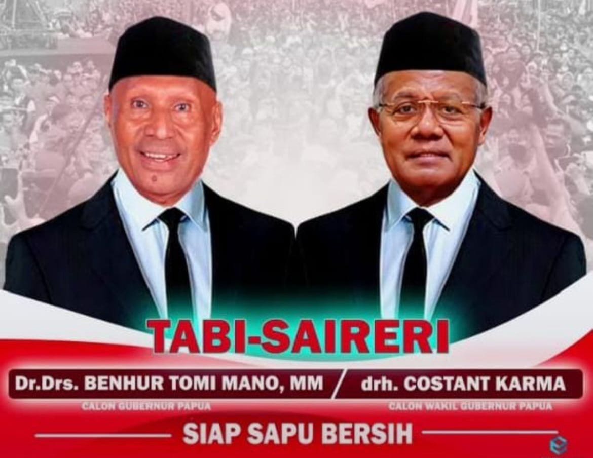 Pamflet Calon Gubernur Provinsi Papua Dr Benhur Tomi Mano alias BTM (kiri) dan calon Wakil Gubernur drh Constant Karma (kanan) pada pelaksanaan Pemungutan Suara Ulang (PSU) Pilkada Papua yang akan berlangsung Agustus 2025.