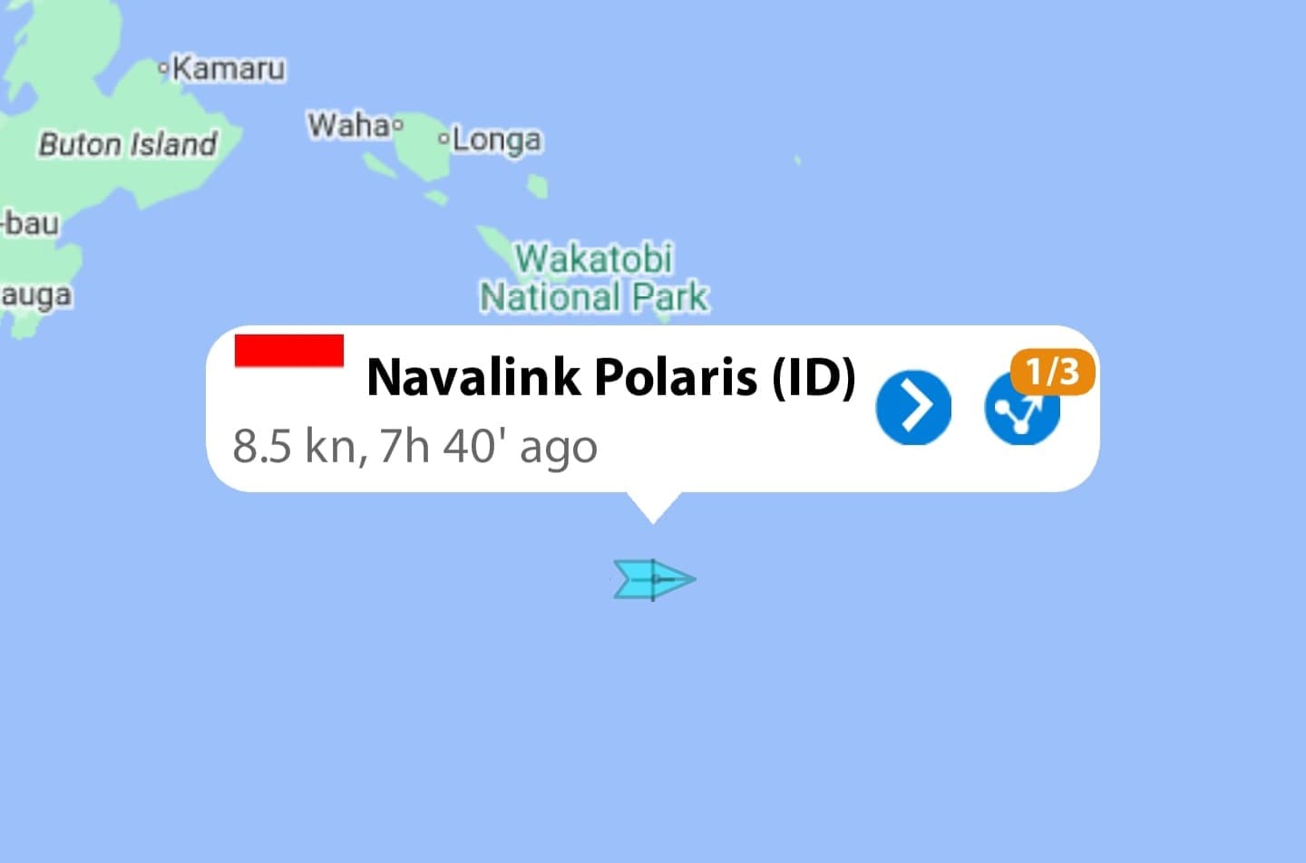 Terpantau pada aplikasi kapal Prima Navalink sedang berada di perairan Pulau Wakatobi dan dalam perjalan menuju titik lokasi Shaunt fault. Foto: Tangkapan layar/Bataspapua.com