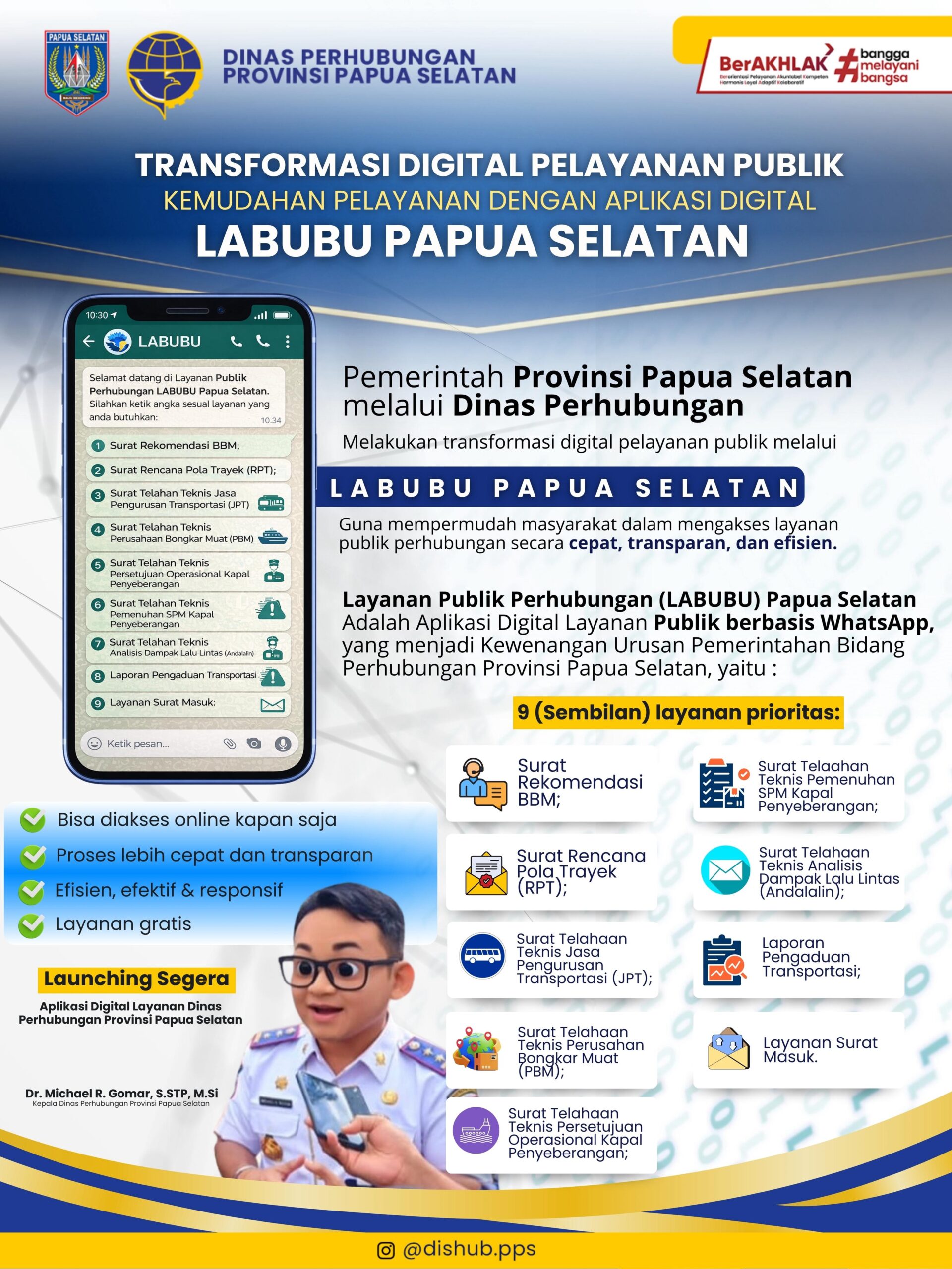 Pemerintah Provinsi Papua Selatan melalui Dinas Perhubungan meluncurkan inovasi pelayanan publik berbasis digital bernama Layanan Publik Perhubungan (LABUBU) Papua Selatan.