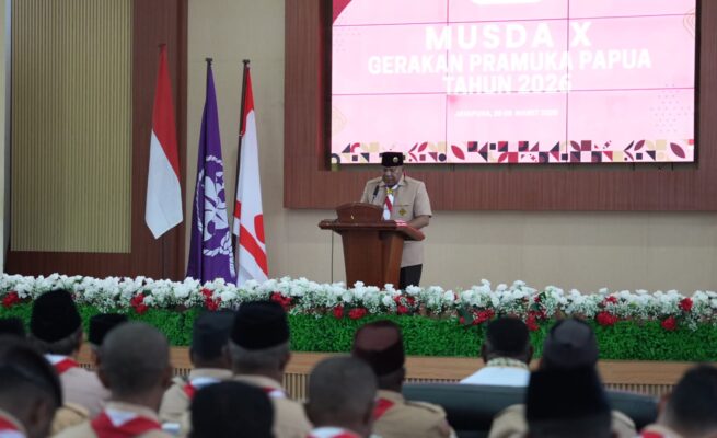 Wakil Gubernur atau Wagub Papua, Aryoko A.F Rumaropen, secara resmi membuka Musyawarah Daerah (Musda) X Gerakan Pramuka Papua yang digelar selama dua hari di Aula Badan Pengembangan Sumber Daya Manusia Daerah (BPSDMD) Kotaraja, Kota Jayapura, Kamis (26/3/2026). Foto: Istimewa