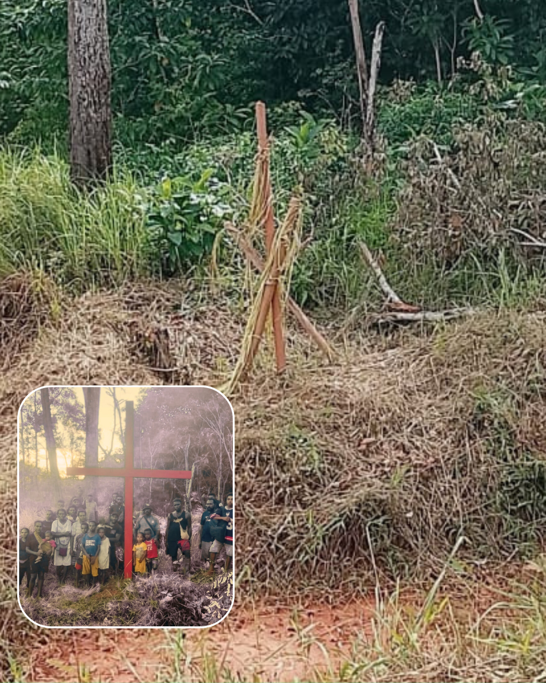 Salib Merah dicabut oleh Orang Tak Dikenal (OTK) dan digantikan dengan sebatang kayu yang dililit janur kuning, yang menyerupai simbol sasi adat yang lazim digunakan oleh komunitas adat di wilayah Marind. Foto: Istimewa