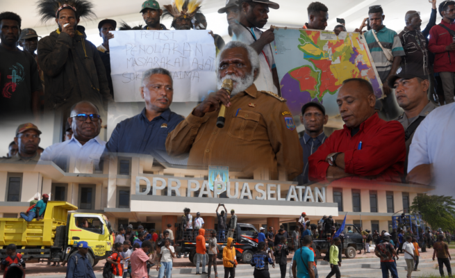 Wakil Gubernur (Wagub) Paskalis Imadawa menerima massa demo di Gedung DPRP Papua Selatan, Salor, Selasa (19/5/2026).