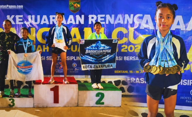 Nathania Zefanya Wohel Sapu Bersih 9 Emas di Kejuaraan Renang Piala Pangdam XVII/Cenderawasih Tahun 2026, Jayapura, Papua. Foto: Istimewa