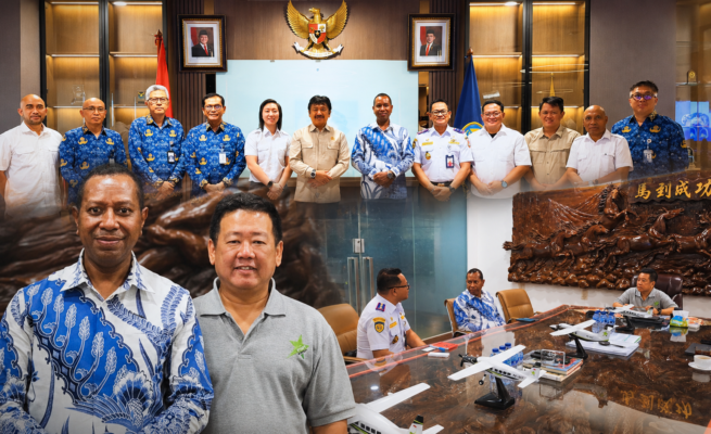 Gubernur Papua Selatan, Dr. Ir. Apolo Safanpo, ST., MT., didampingi Kepala Dinas Perhubungan Provinsi Papua Selatan, Dr. Michael R. Gomar, S.STP., M.Si., serta Staf Khusus Gubernur, Peter Tukan, bertemu manajemen PT Smart Cakrawala Aviation serta jajaran pimpinan Kementerian Perhubungan Republik Indonesia di Jakarta, Kamis (6/8/2026). Foto: Bataspapua.com/Istimewa