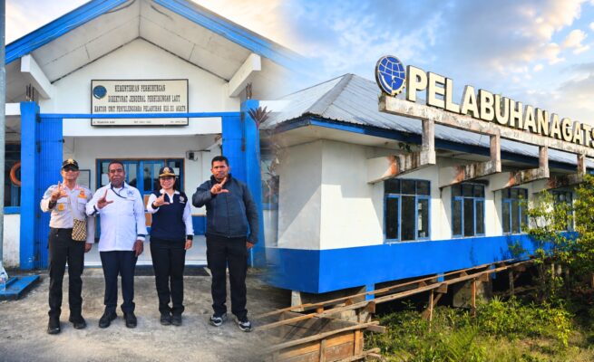 Kepala Dinas Perhubungan Provinsi Papua Selatan, Michael R. Gomar, melakukan peninjauan langsung ke lokasi pembangunan bersama Kepala Kantor Unit Penyelenggara Pelabuhan (KUPP) Kelas III Asmat untuk memastikan progres pekerjaan berjalan sesuai rencana, Sabtu (1/8/2026). Foto: Bataspapua.com/Ist
