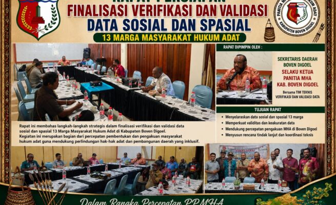 Rapat Panitia Masyarakat Hukum Adat (MHA) yang dipimpin Sekretaris Daerah Kabupaten Boven Digoel selaku Ketua Panitia MHA, Fabianus Sabi, Jumat (31/7/2026). Foto: Ist