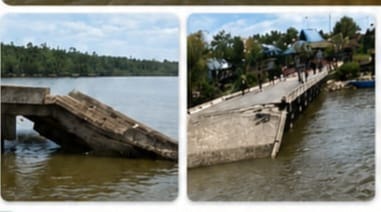 Trestel atau jembatan penghubung pada Dermaga Pelabuhan Atsj, Kabupaten Asmat, Provinsi Papua Selatan, mengalami kerusakan berat hingga sebagian struktur dermaga runtuh. Foto: Bataspapua.com/Ist