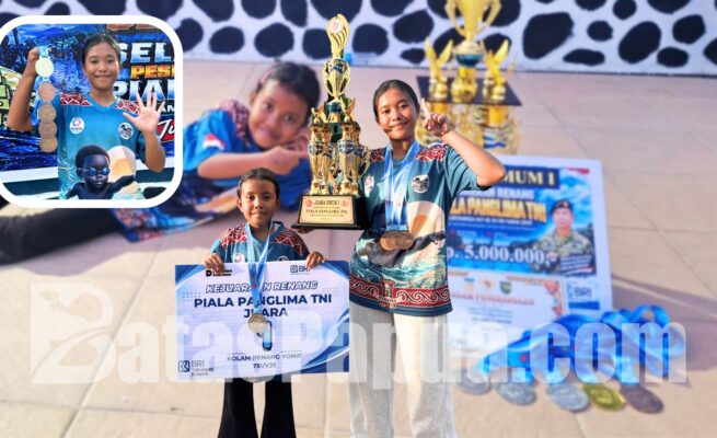 Duo kakak-adik asal Merauke, Papua Selatan, Aurila Aena dan Audeena, di Kejuaraan Renang Piala Panglima TNI yang berlangsung di Jayapura, Papua, pada 25–27 September 2026. Foto: Bataspapua.com